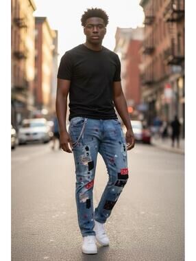 NEW FWRD Denim Slim Fit Men's Jeans Paint Splatter Distressed Blue Size 46